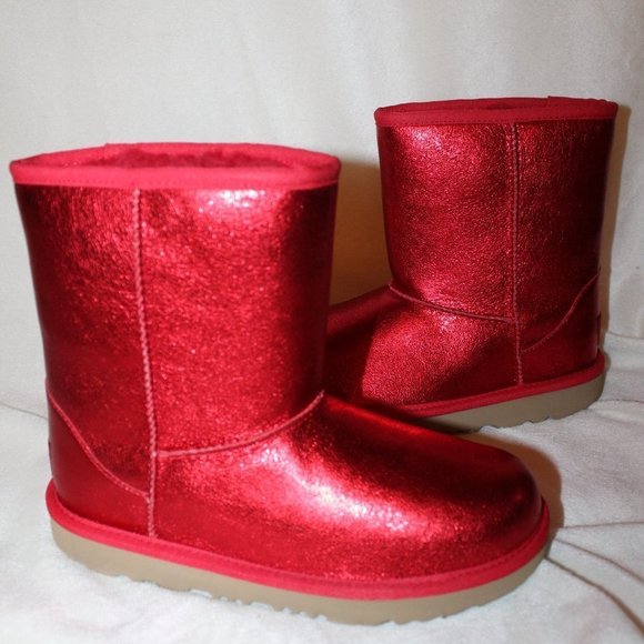 NIB UGG RED METALLIC GLITTER CLASSIC SHORT BOOTS YOUTH 4 5 WOMEN'S 6 7 - Picture 3 of 8
